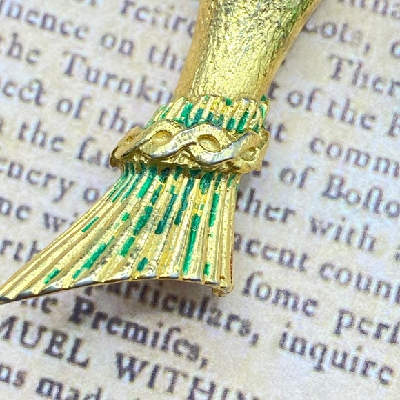 Vintage MYLU Rudolph Brooch Gold Tone Red Nose Reindeer Green Bell 3" Christmas - Picture 4 of 7